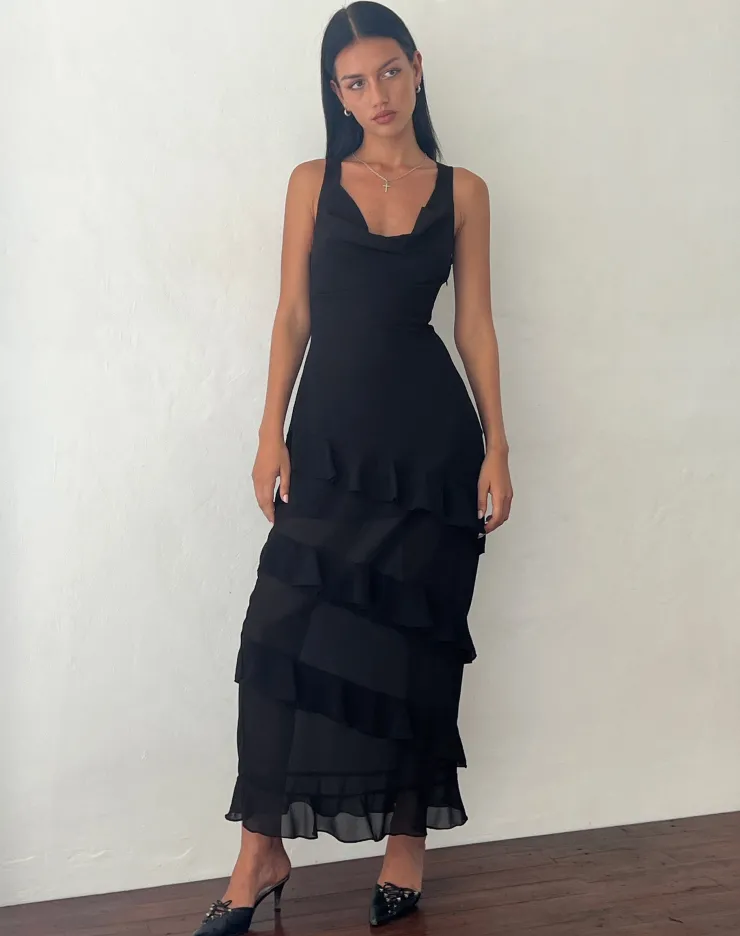 Women Motel Rocks Little Black Dresses | Party Dresses | Otna Ruffle Detail Chiffon Maxi Dress in Black