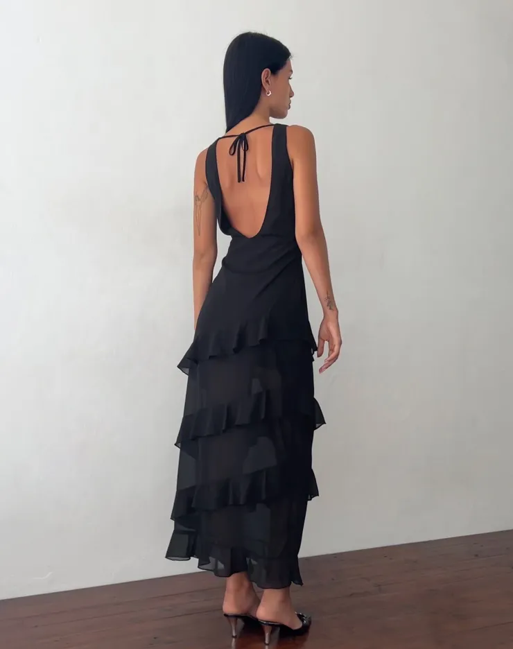 Women Motel Rocks Little Black Dresses | Party Dresses | Otna Ruffle Detail Chiffon Maxi Dress in Black