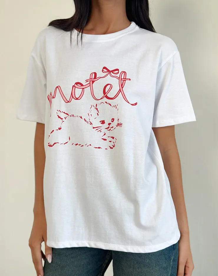 Women Motel Rocks Printed Tops | Tees | Oversized Basic Tee in White with Kitty