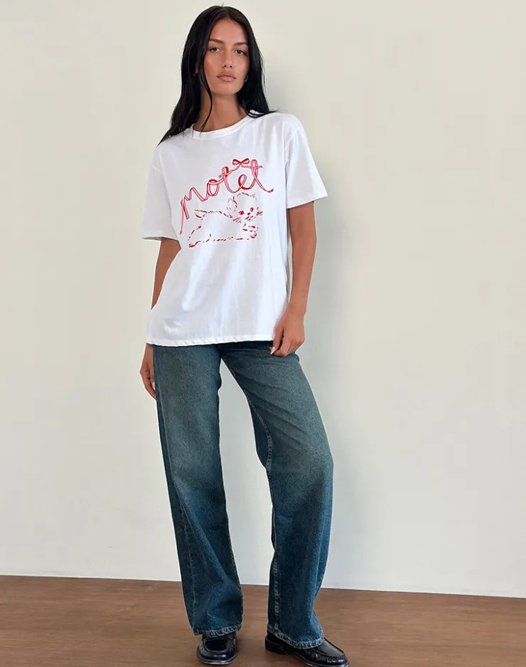 Women Motel Rocks Printed Tops | Tees | Oversized Basic Tee in White with Kitty