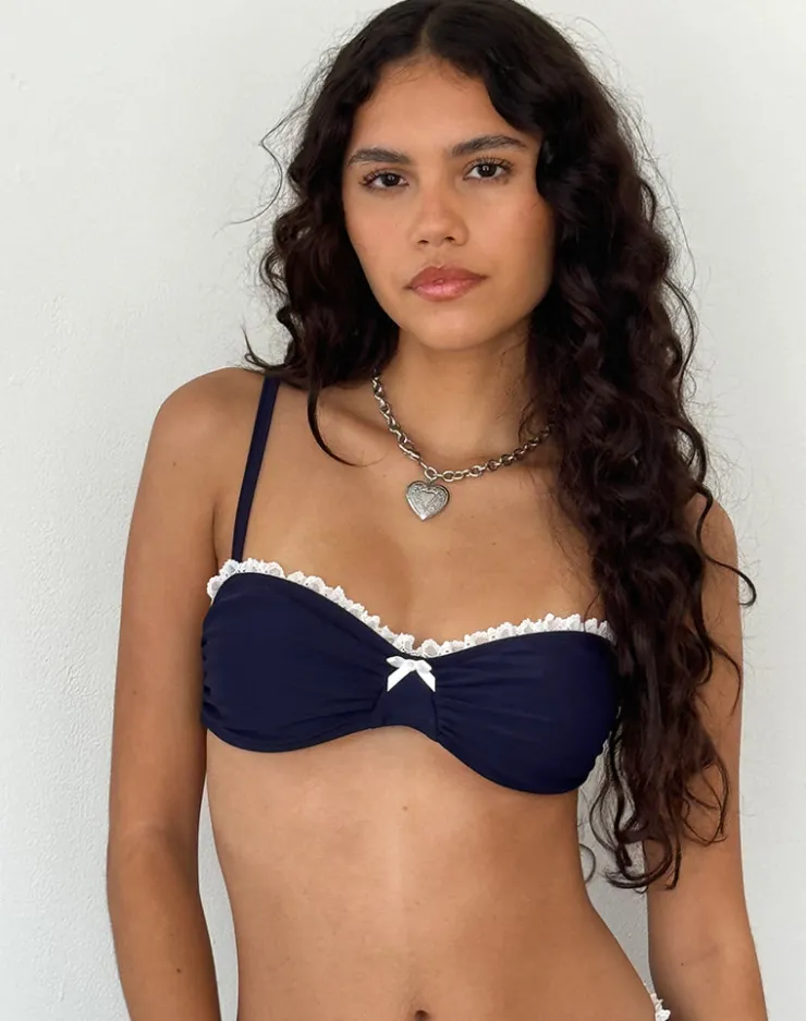 Women Motel Rocks Swimwear | Pali Bikini Top in Midnight Blue with Broderie Trim