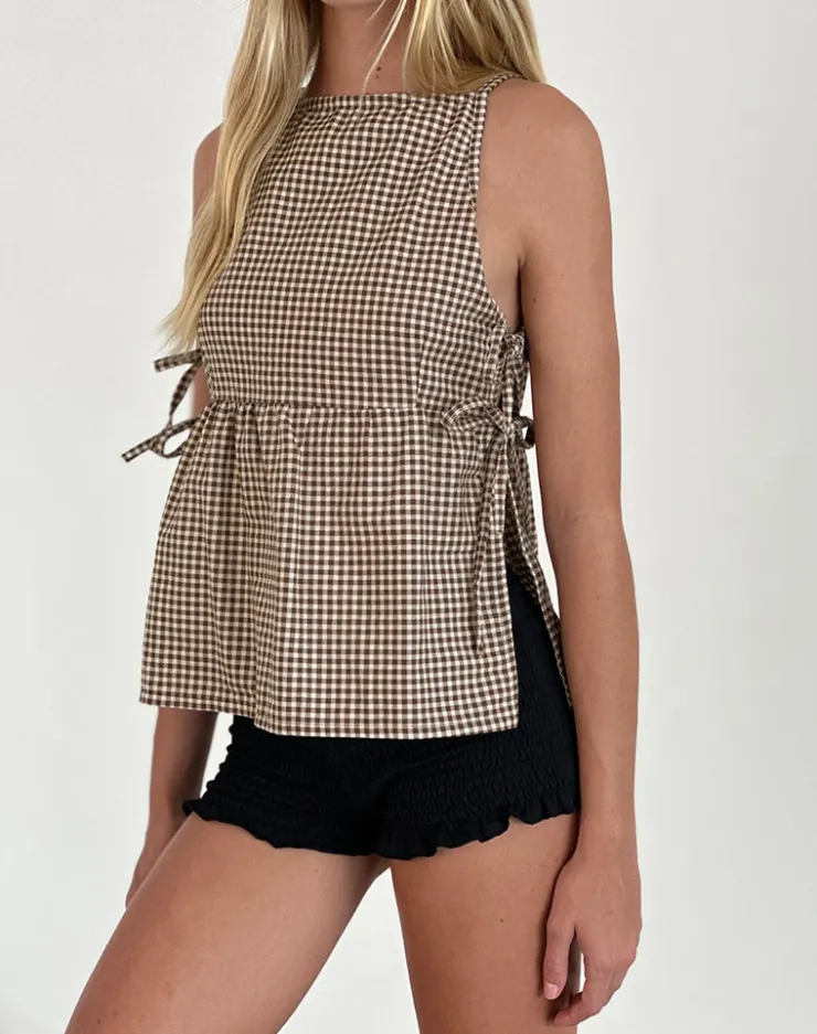 Women Motel Rocks Printed Tops | Palsi Tie Side Sleeveless Top in Brown Mini Gingham