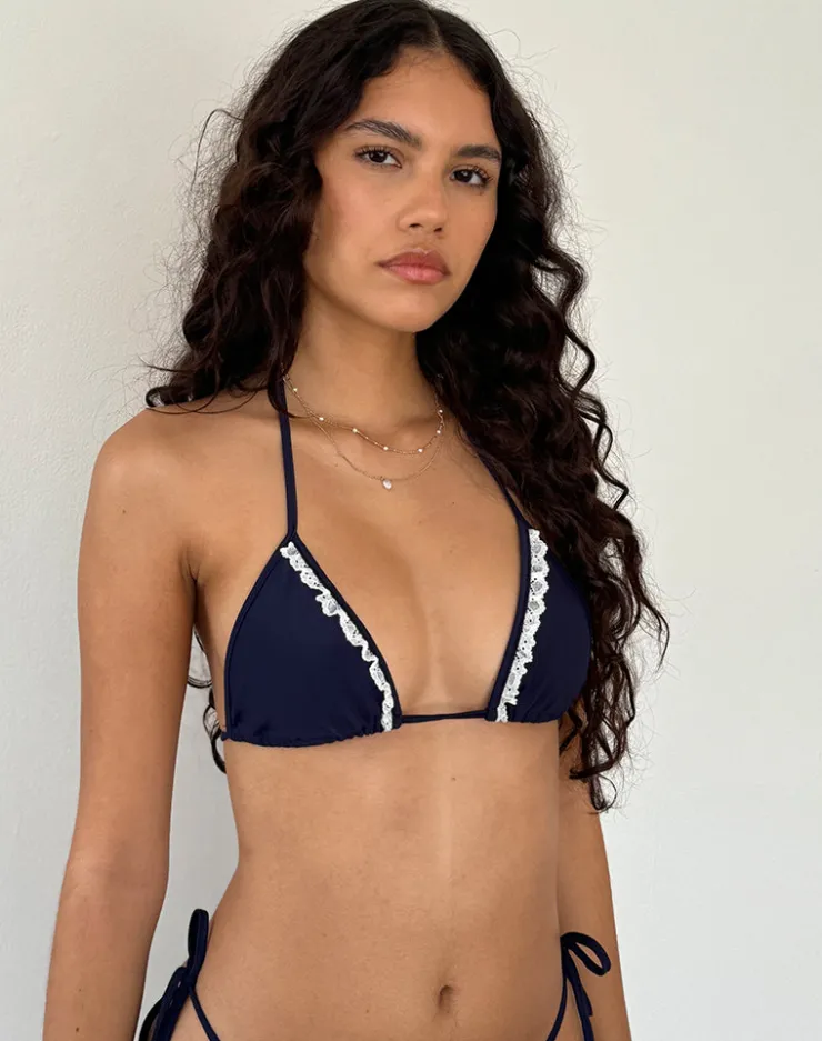 Women Motel Rocks Swimwear | Pami Broderie Trim Bikini Top in Midnight Blue