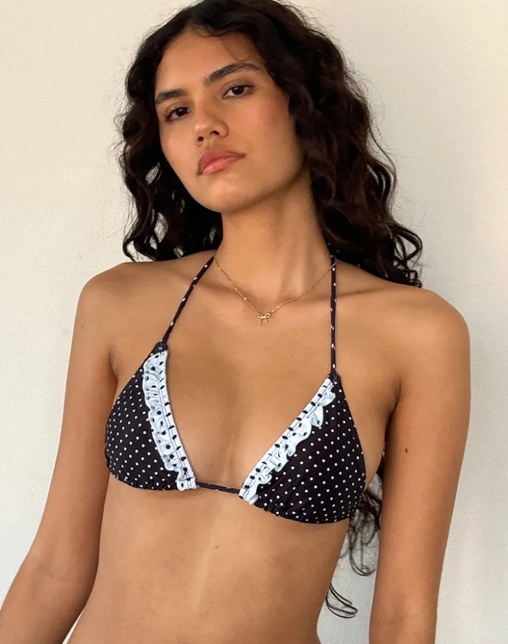 Women Motel Rocks Swimwear | Pami Ruffle Bikini Top in Black and Blue Polka