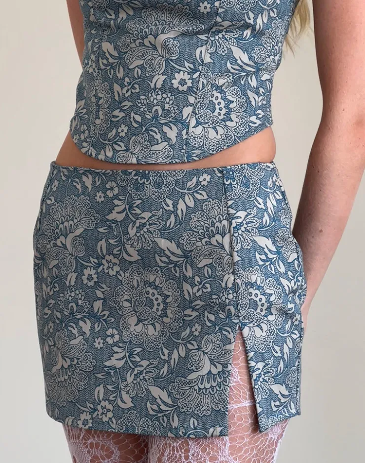 Women Motel Rocks Co-ords | Printed Skirts | Pravara Mini Skirt in Blue Ornate Print