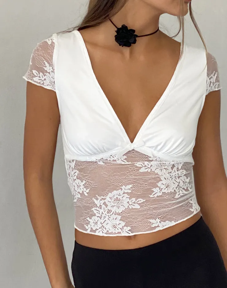 Women Motel Rocks Lace Tops | Prili Plunge Top in Lace Ivory