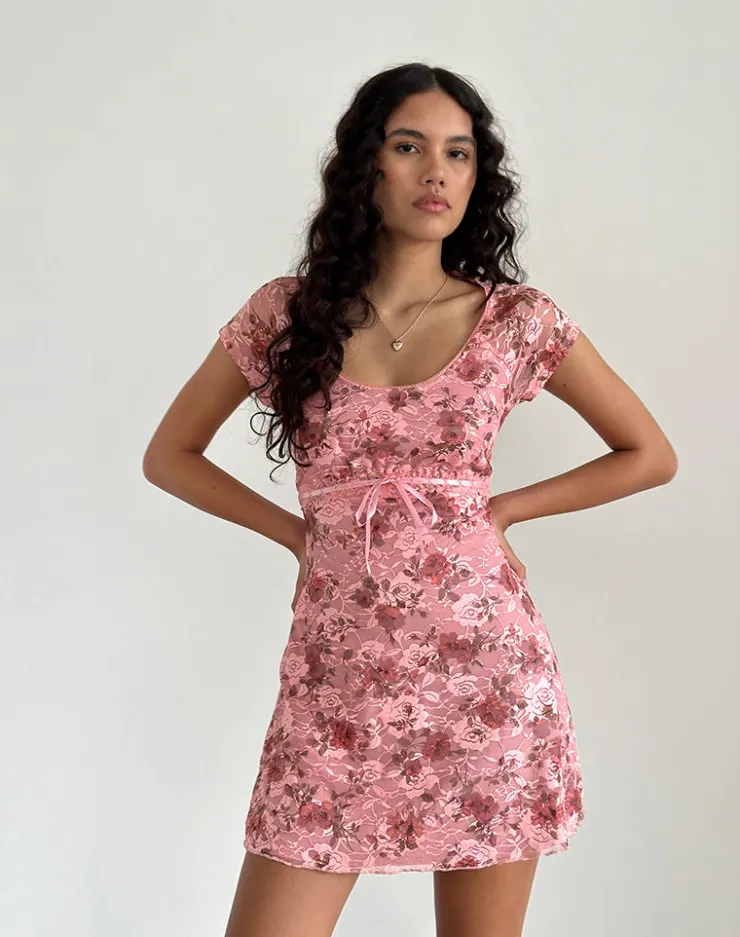 Women Motel Rocks Printed Dresses | Day Dresses | Prinsa Dress in Pink Lace Floral Bloom