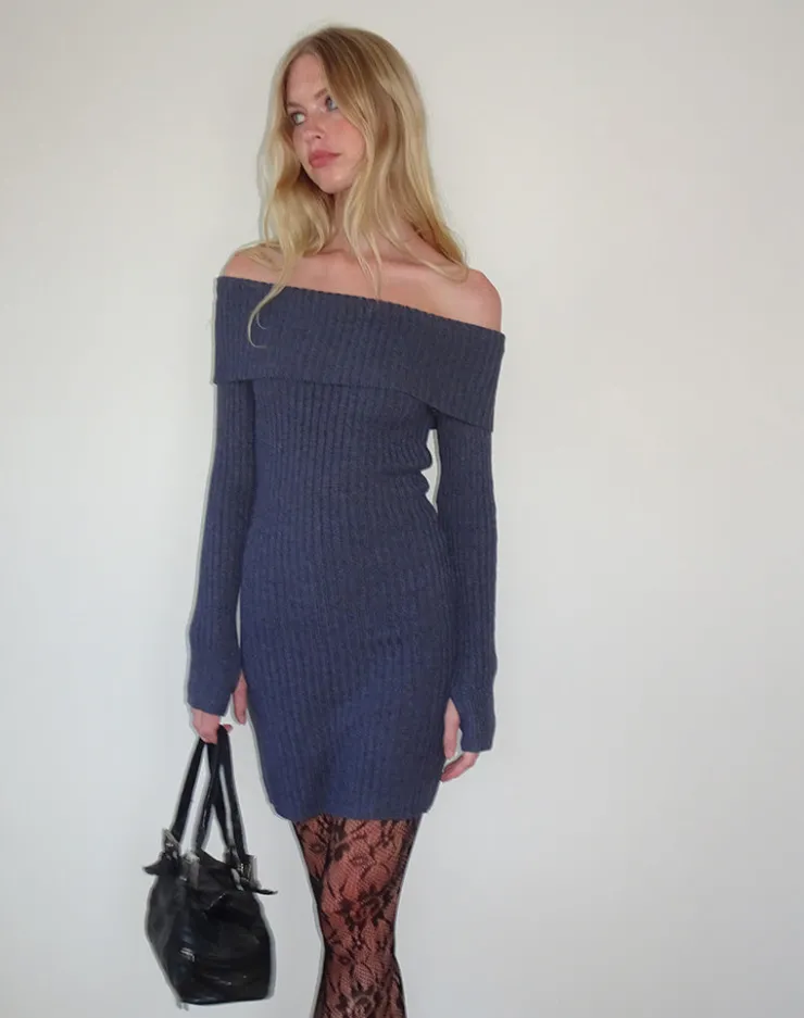 Women Motel Rocks Day Dresses | Long Sleeve Dresses | Queeva Knitted Bardot Mini Dress in Dark Charcoal