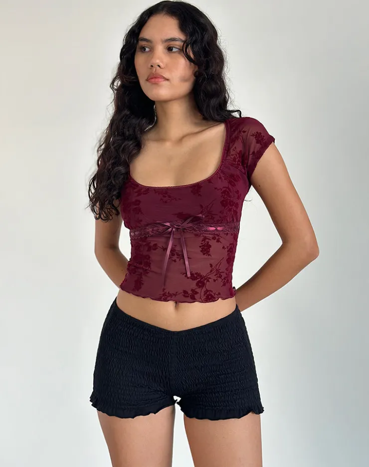 Women Motel Rocks Printed Tops | Going Out Tops | Rada Top in Botanical Flocked Maroon