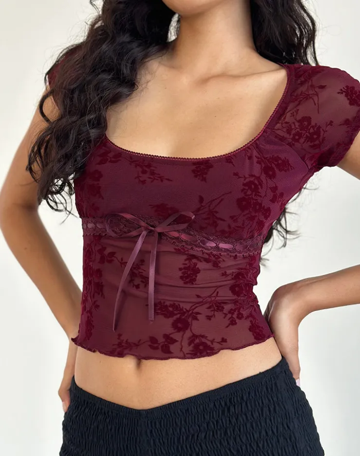 Women Motel Rocks Printed Tops | Going Out Tops | Rada Top in Botanical Flocked Maroon