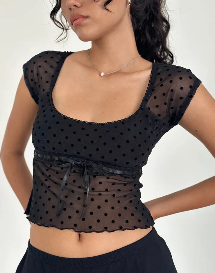 Women Motel Rocks Printed Tops | Going Out Tops | Rada Top in Flocked Mesh Basic Polka Black