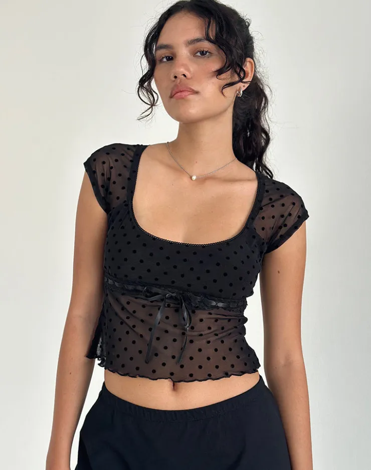 Women Motel Rocks Printed Tops | Going Out Tops | Rada Top in Flocked Mesh Basic Polka Black