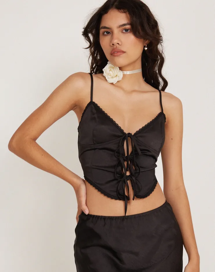 Women Motel Rocks Basic Tops | Rahela Cami Top in Satin Black