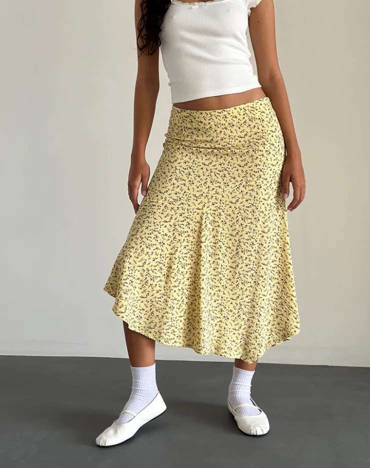 Women Motel Rocks Co-ords | Printed Skirts | Rans Waterfall Hem Midi Skirt in Flowing Flower Yellow