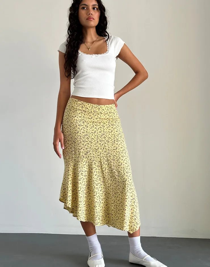 Women Motel Rocks Co-ords | Printed Skirts | Rans Waterfall Hem Midi Skirt in Flowing Flower Yellow