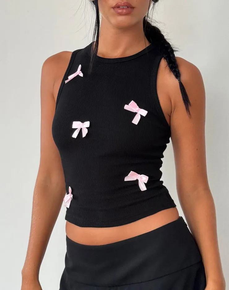 Women Motel Rocks Basics | Basic Tops | Rave Vest Top in Black with Pink Bows