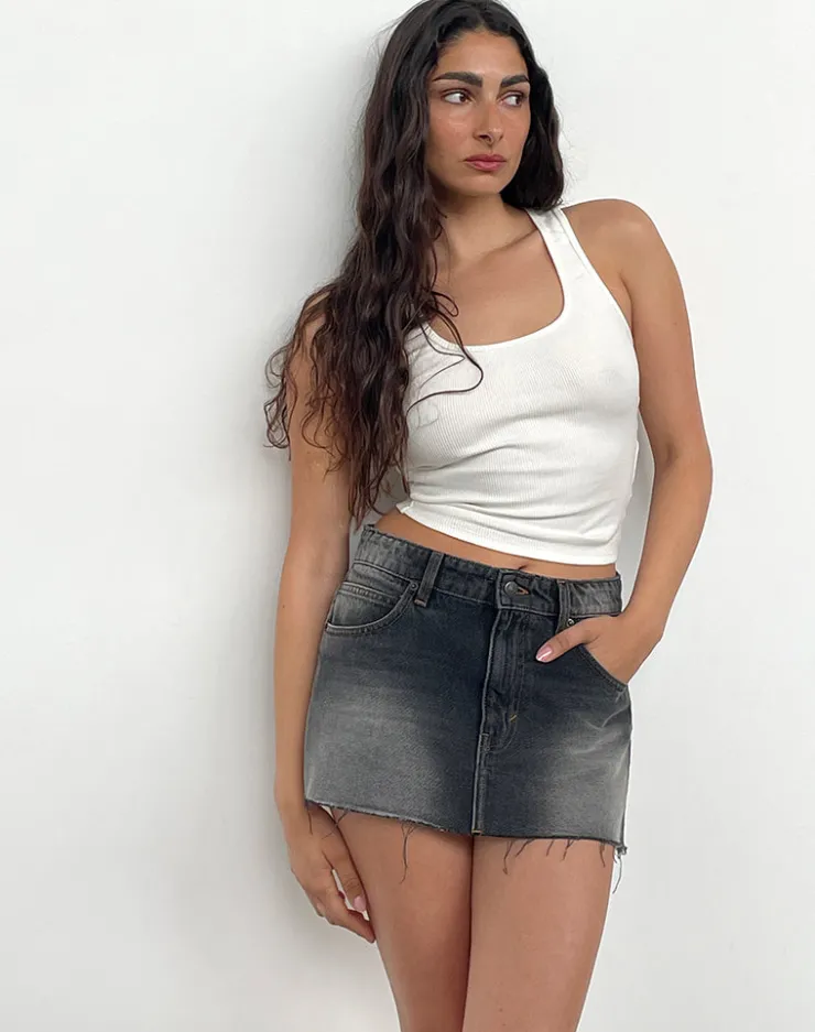 Women Motel Rocks A Line Skirts | Denim Skirts | Raw Hem Denim Mini Skirt in Grey Used Bleach