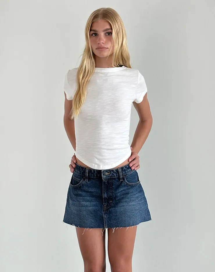 Women Motel Rocks A Line Skirts | Denim Skirts | Raw Hem Denim Mini Skirt in Mid Blue Used