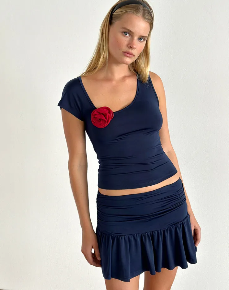 Women Motel Rocks Vest Tops | Going Out Tops | Rayla Top in Lycra Dark Navy with Red Rosette