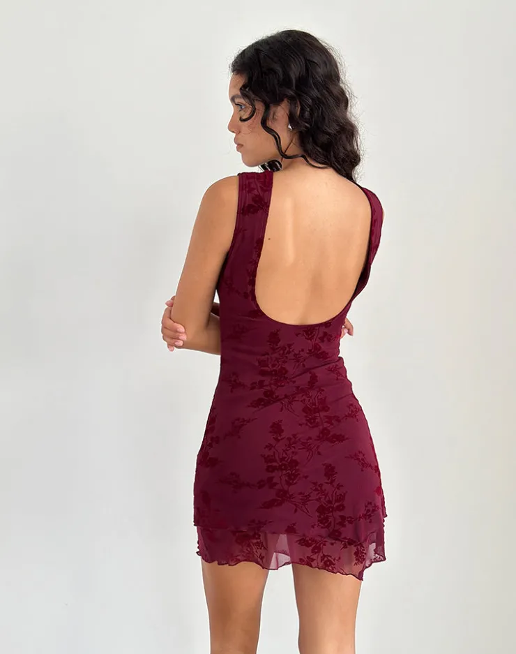 Women Motel Rocks Printed Dresses | Bodycon Dresses | Renata Mini Dress in Flocked Botanical Flower Maroon