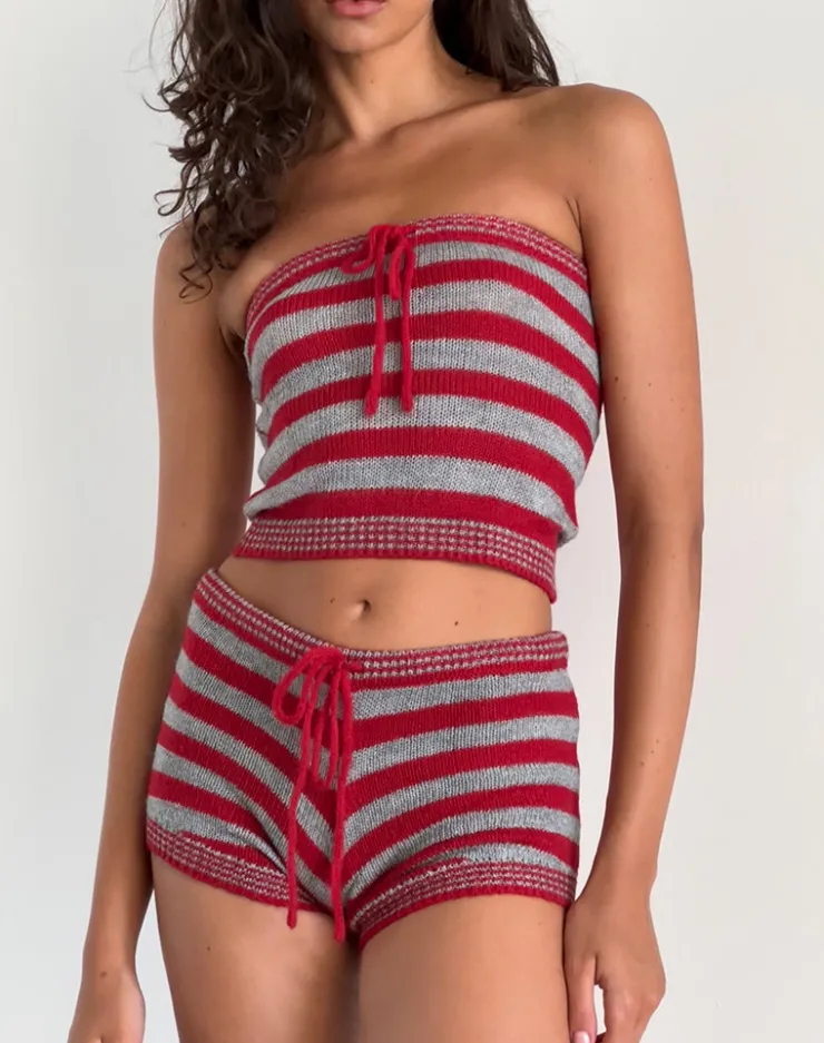 Women Motel Rocks Co-ords | Renha Hot Pants in Red and Grey Stripe