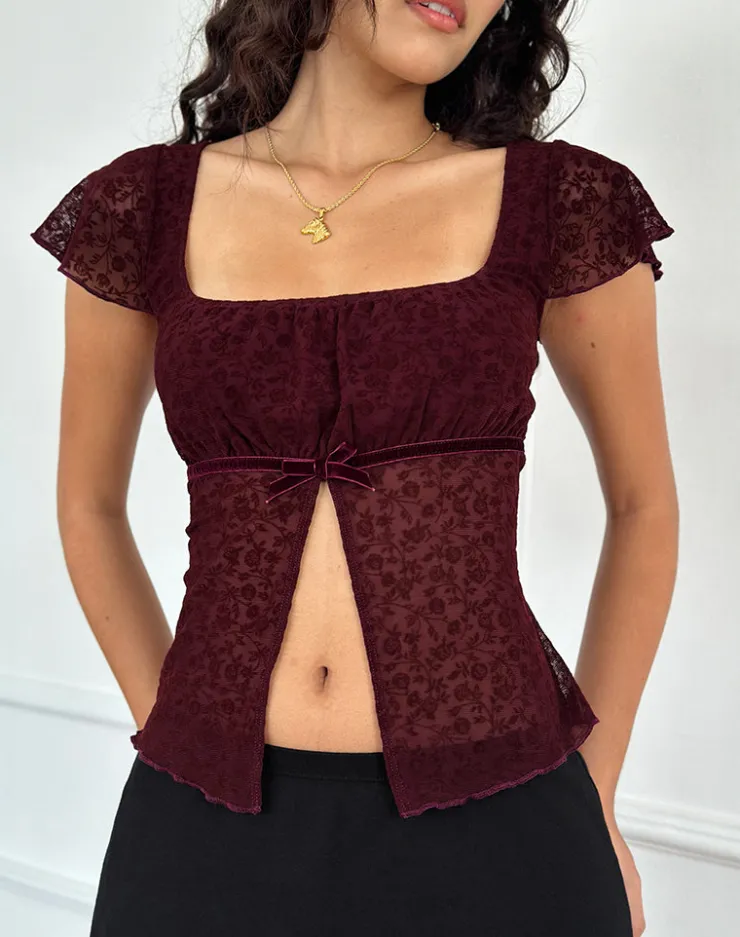 Women Motel Rocks Crop Tops | Going Out Tops | Retina Top in Ditsy Flock Burnt Maroon