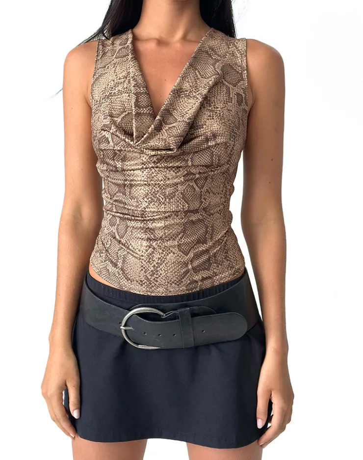 Women Motel Rocks Printed Tops | Going Out Tops | Rexine Cowl Neck Top in Brown Snake Print