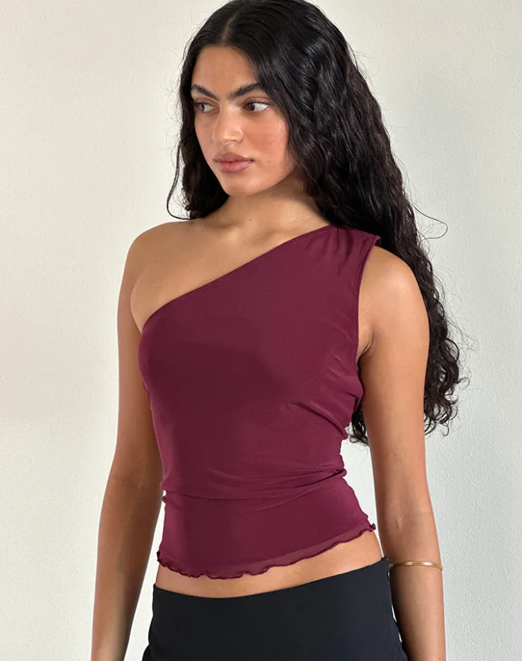 Women Motel Rocks Going Out Tops | Rhian One Shoulder Top in Mesh Maroon