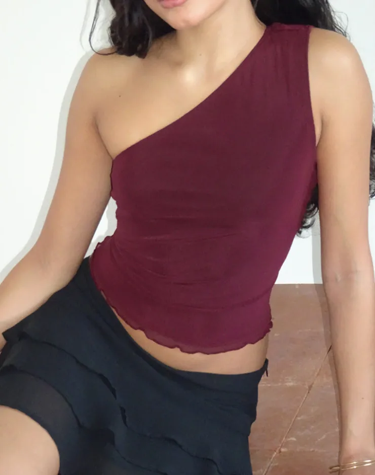 Women Motel Rocks Going Out Tops | Rhian One Shoulder Top in Mesh Maroon