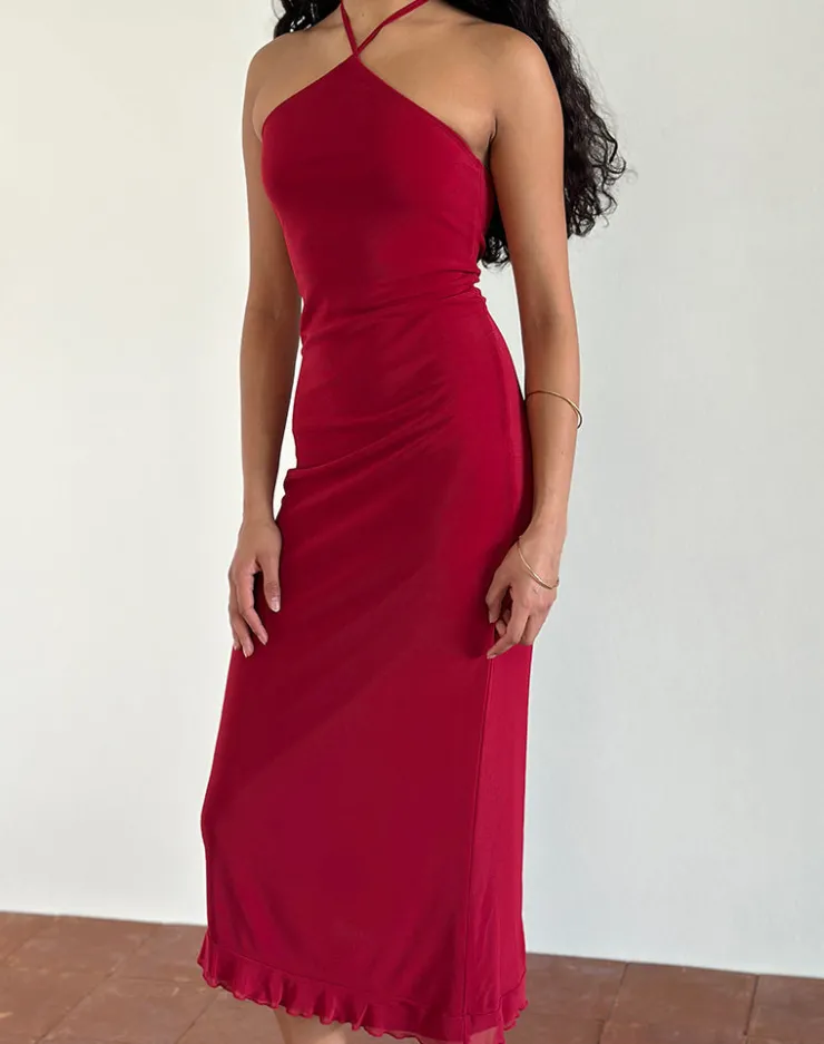 Women Motel Rocks Day Dresses | Bodycon Dresses | Ribka Halterneck Midi Dress in Mesh Cherry