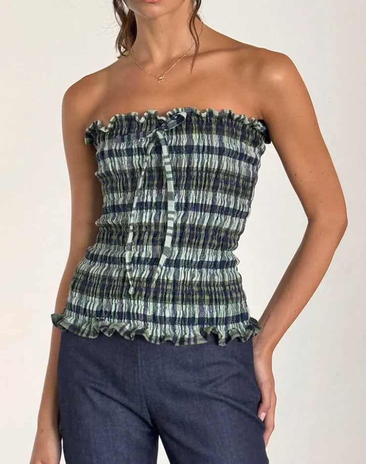 Women Motel Rocks Bandeau Tops | Rigia Bandeau Top in Linen Mono Check Green