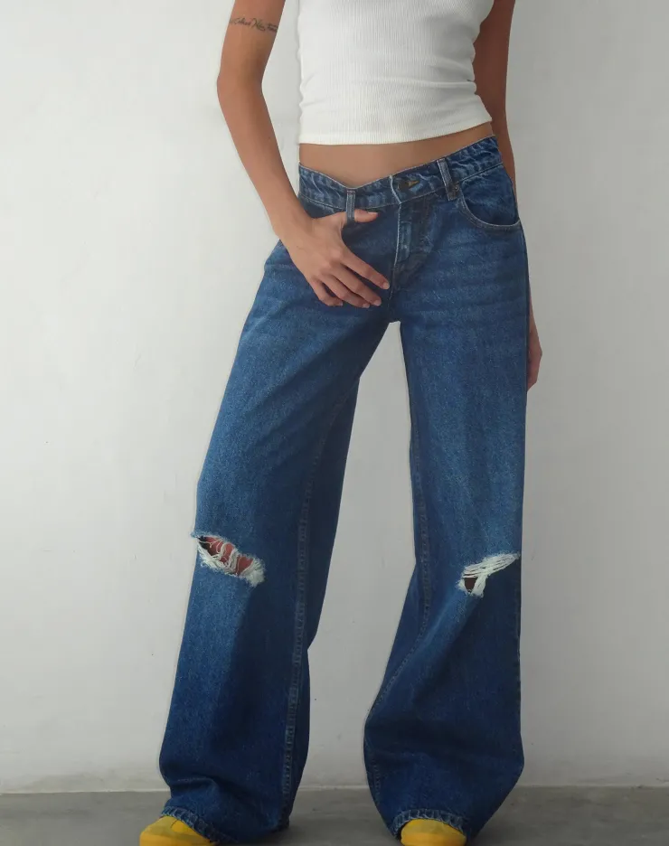 Women Motel Rocks Roomy Jeans | Ripped Roomy Extra Wide Low Rise Jean in Mid Blue Used