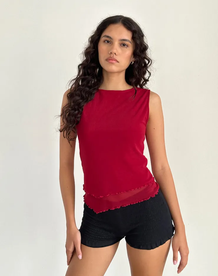 Women Motel Rocks Going Out Tops | Rochie Asymmetric Top in Mesh Cherry