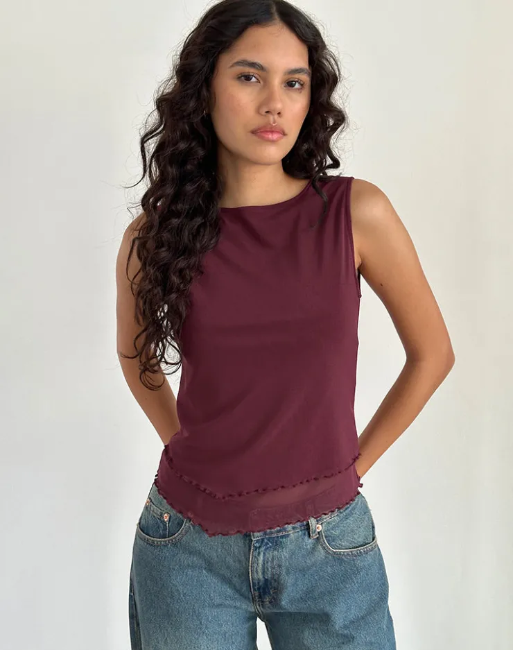 Women Motel Rocks Basic Tops | Going Out Tops | Rochie Asymmetric Top in Mesh Maroon