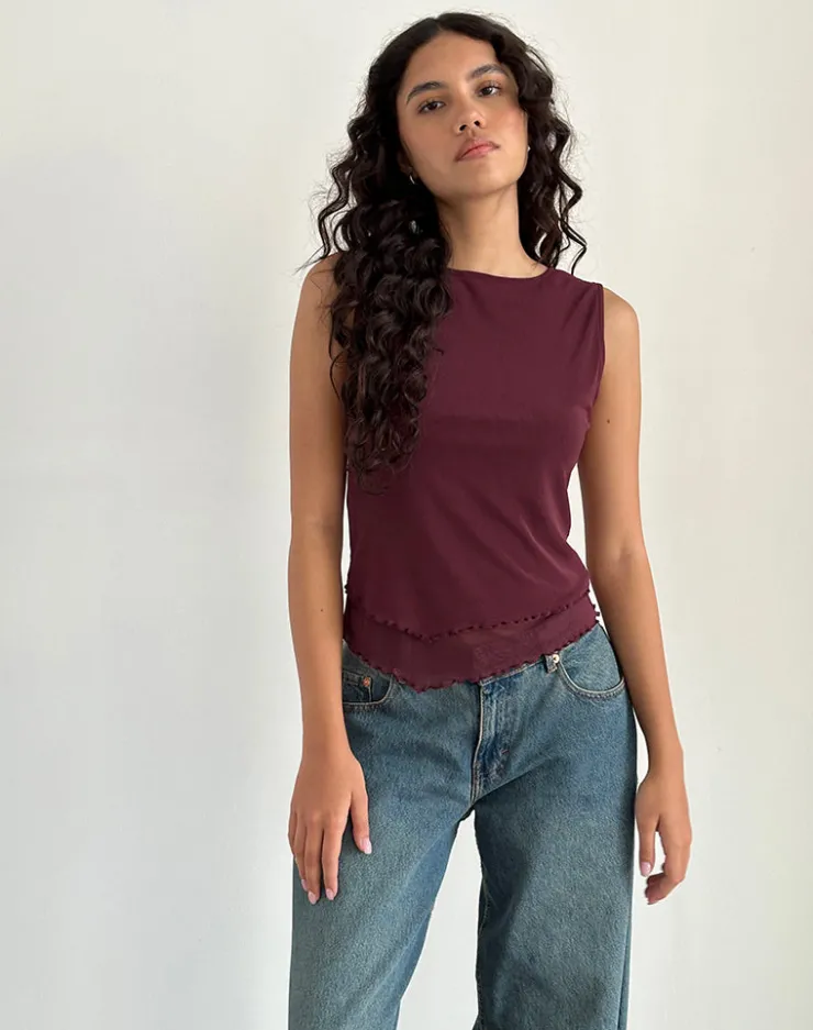 Women Motel Rocks Basic Tops | Going Out Tops | Rochie Asymmetric Top in Mesh Maroon