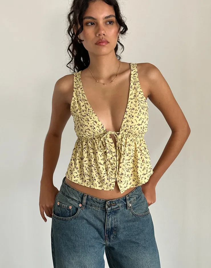 Women Motel Rocks Co-ords | Printed Tops | Rolia Tie Front Top in Flowing Flower Yellow