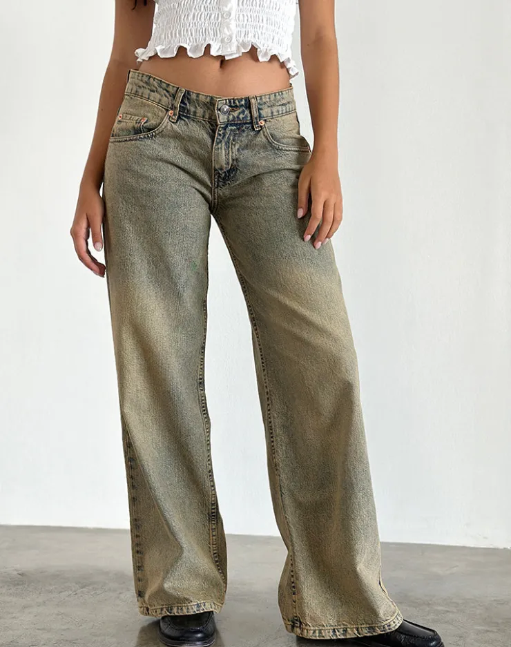 Women Motel Rocks Basics | Low Rise Pants | Roomy Extra Wide Leg Low Rise Jeans in Sandy Blue Acid