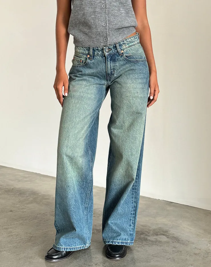 Women Motel Rocks Wide Leg Pants | Low Rise Pants | Roomy Extra Wide Low Rise Jeans in Sea Green