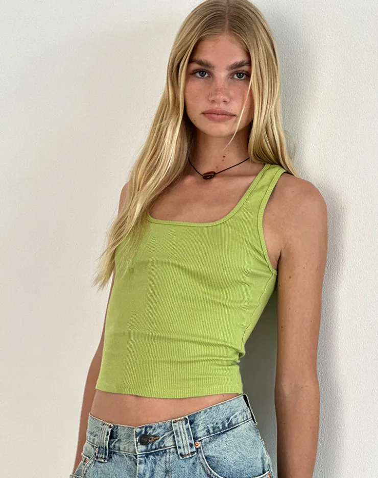 Women Motel Rocks Basic Tops | Vest Tops | Roxe Ribbed Vest Top in Leaf Green