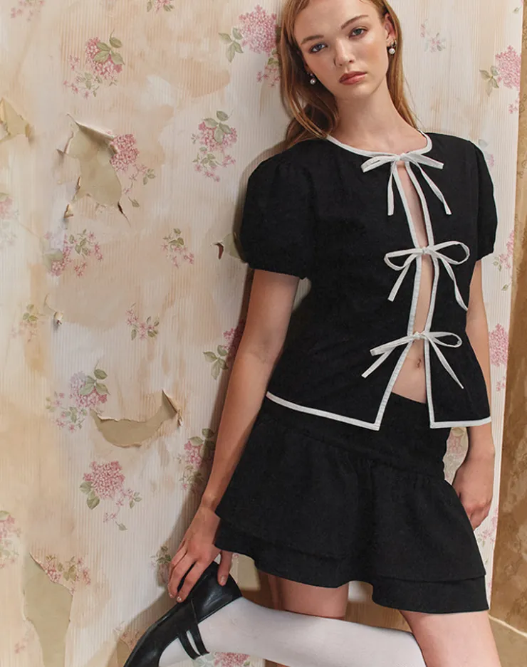 Women Motel Rocks Tailoring | Shirts And Blouses | Ryota Tie Front Blouse in Black with White Binding