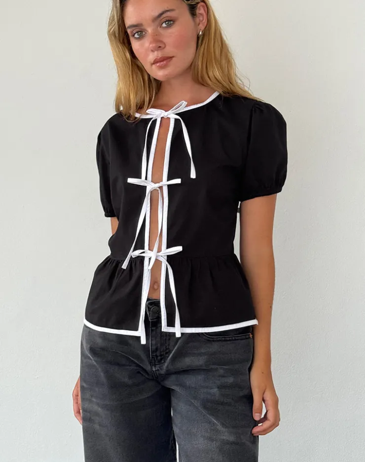 Women Motel Rocks Tailoring | Shirts And Blouses | Ryota Tie Front Blouse in Black with White Binding