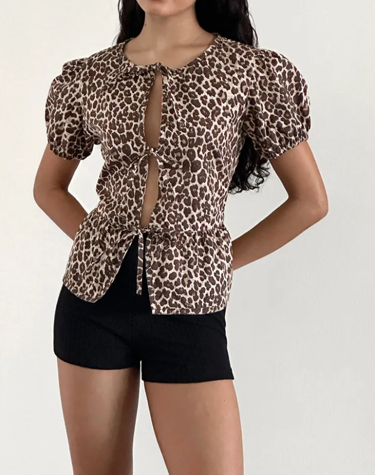 Women Motel Rocks Shirts And Blouses | Ryota Tie Front Blouse in Leopard Sandstorm