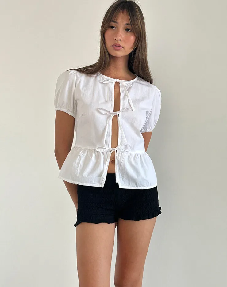 Women Motel Rocks Basic Tops | Going Out Tops | Ryota Tie Front Blouse in White with White Binding