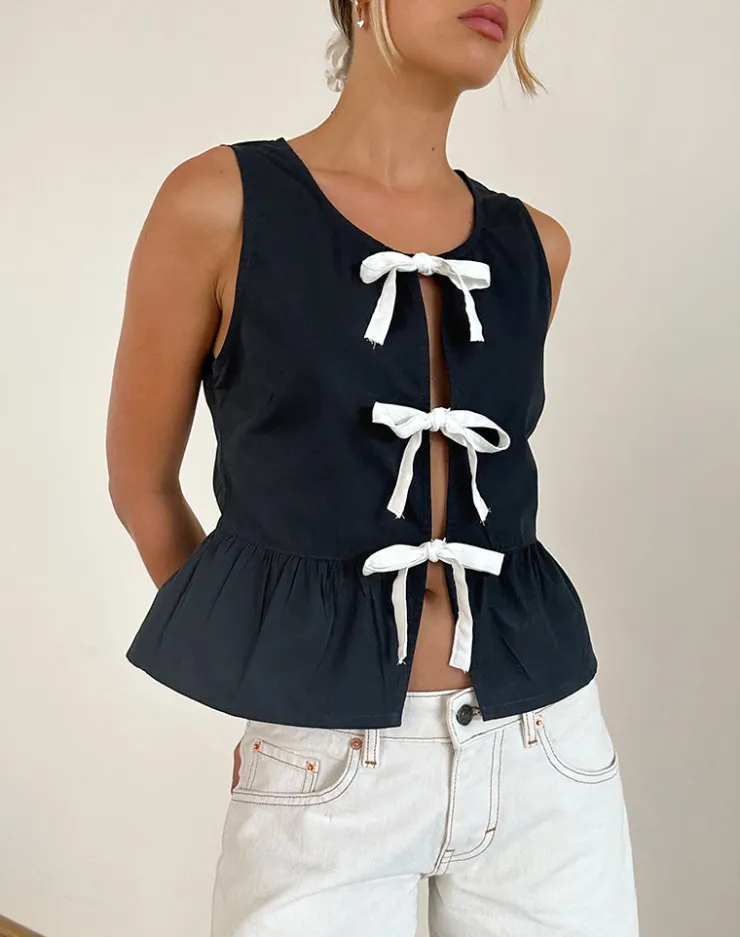 Women Motel Rocks Going Out Tops | Ryoti Top in Tap Shoe Black with Off White Bows