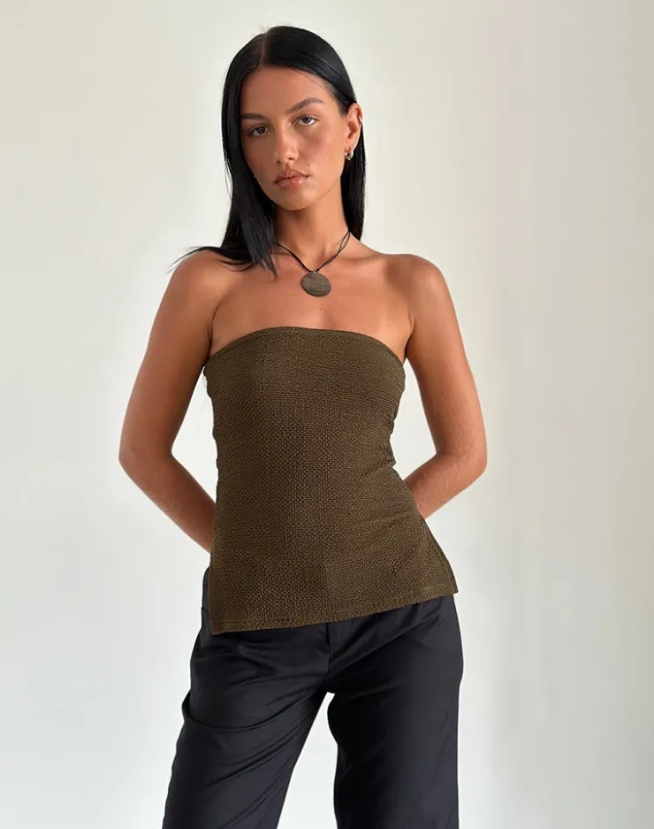 Women Motel Rocks Basic Tops | Bandeau Tops | Sadi Tube Top in Textured Chocolate