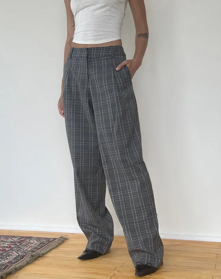 Women Motel Rocks Basics | Low Rise Pants | Sakaria Wide Leg Trouser in Grey Check