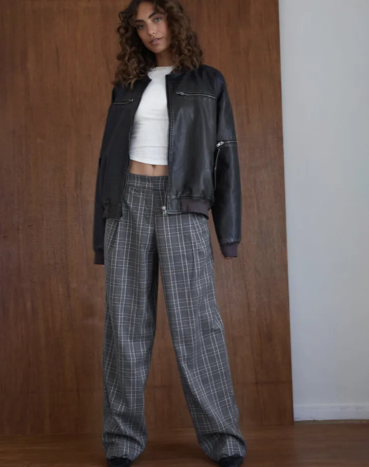 Women Motel Rocks Basics | Low Rise Pants | Sakaria Wide Leg Trouser in Grey Check