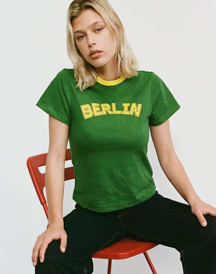 Women Motel Rocks Basic Tops | Printed Tops | Sakha Boxy Top in Elm Green with Yellow Binding and Berlin Emb