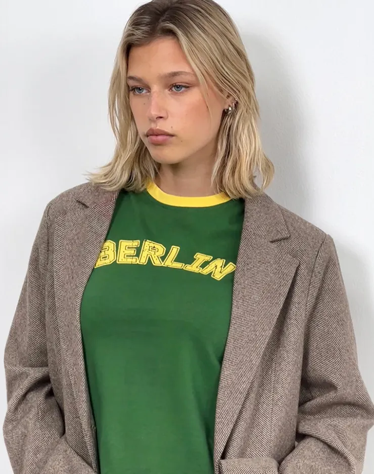 Women Motel Rocks Basic Tops | Printed Tops | Sakha Boxy Top in Elm Green with Yellow Binding and Berlin Emb
