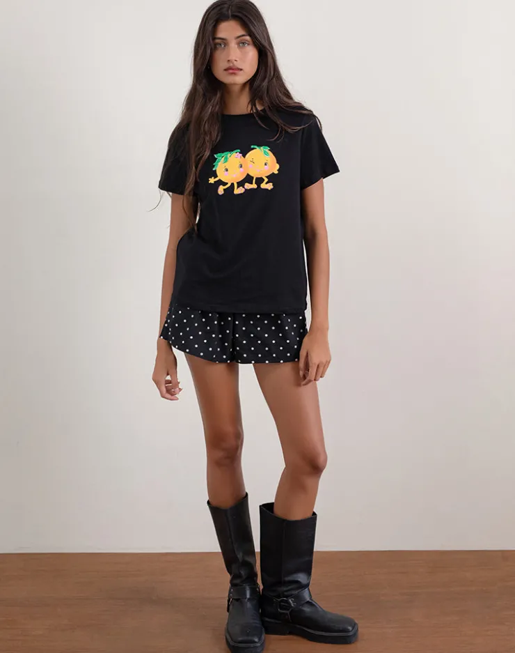 Women Motel Rocks Basic Tops | Printed Tops | Saki Tee in Black with Printed Squeeze Me Orange
